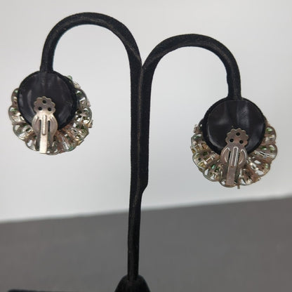 Vintage Sage Green Faux Pearl & Rhinestone Cluster Clip On Ethereal  Earrings