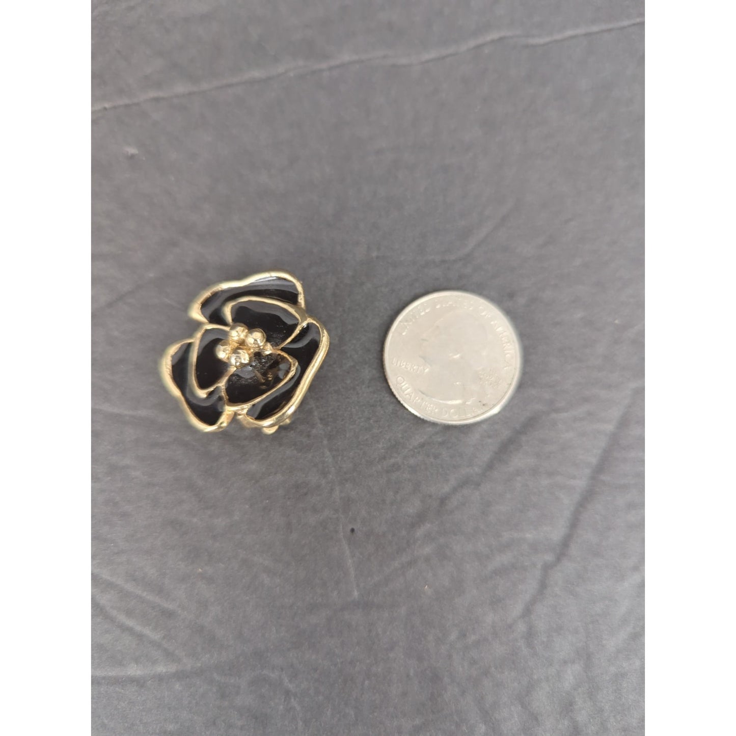 Vintage Black Enamel Gold Tone Rose Clip On Earrings 1980s Glam Flower