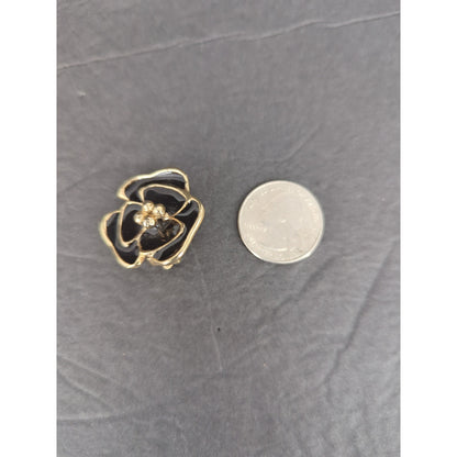 Vintage Black Enamel Gold Tone Rose Clip On Earrings 1980s Glam Flower
