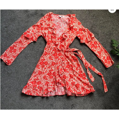 Topshop Orange Red Wrap Floral Short Dress Size 12 Ruffle collar Long sleeve NEW