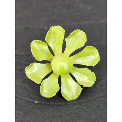 Vintage Enamel Flower Brooch Pin Chartreuse Lime Green Gold Tone Retro