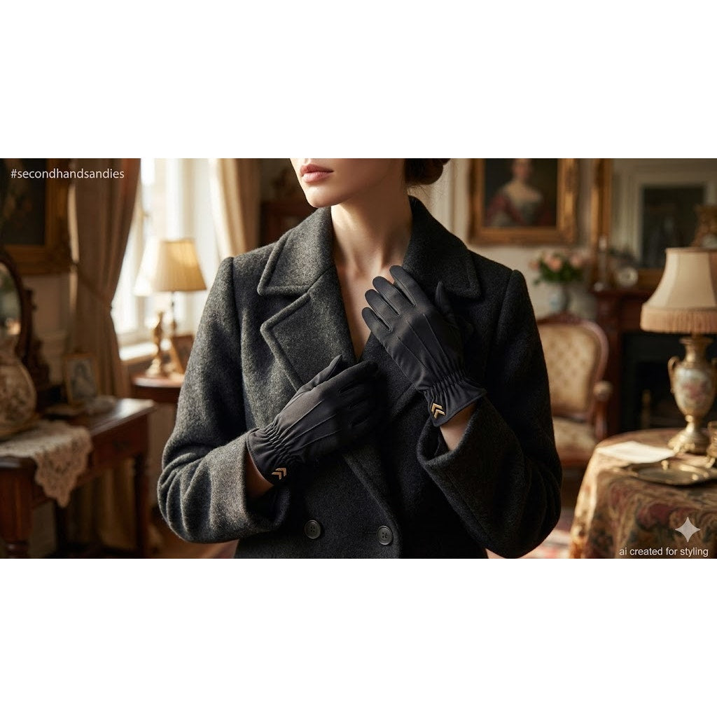 Vintage Black Ruched Driving Gloves with Gold Chevron Accent