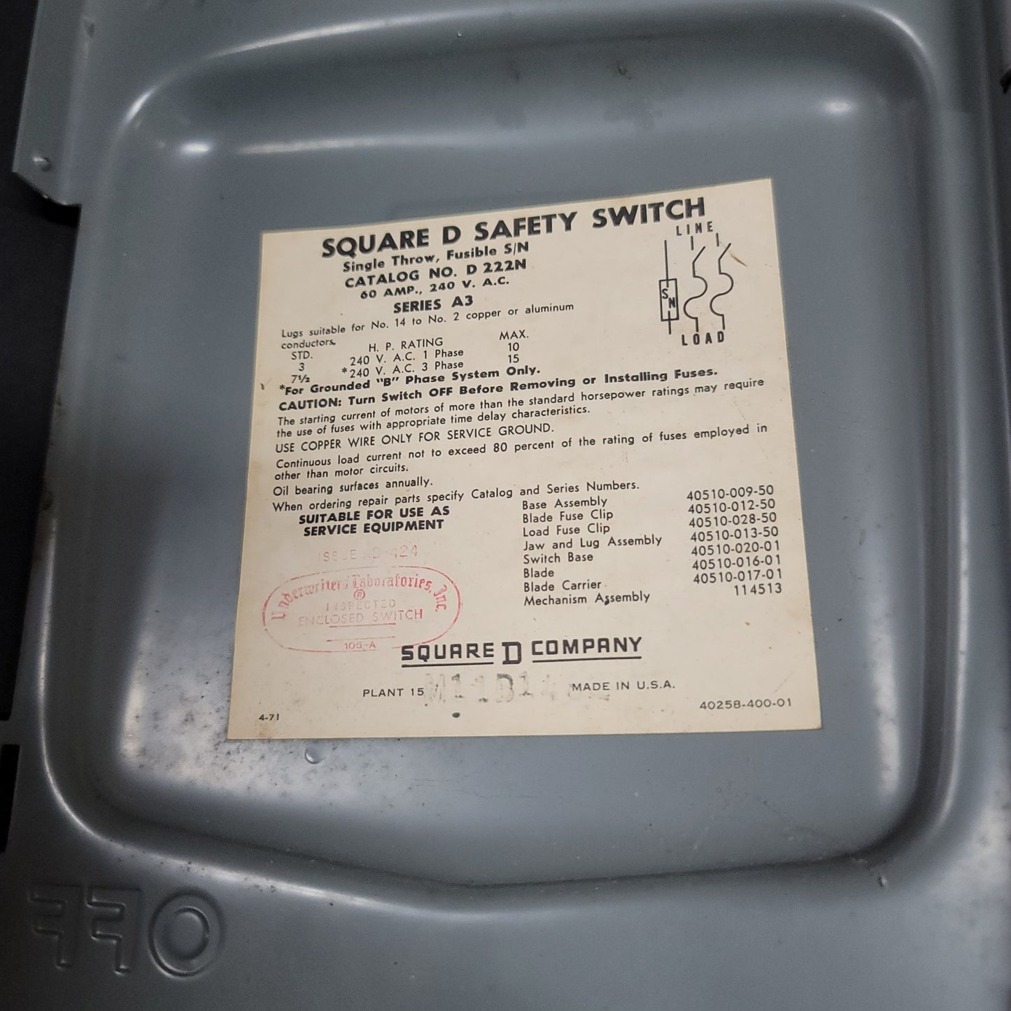 Square D D222N Safety Switch 60 AMP 240 V.A.C Phase 3 Fuse box UNUSED