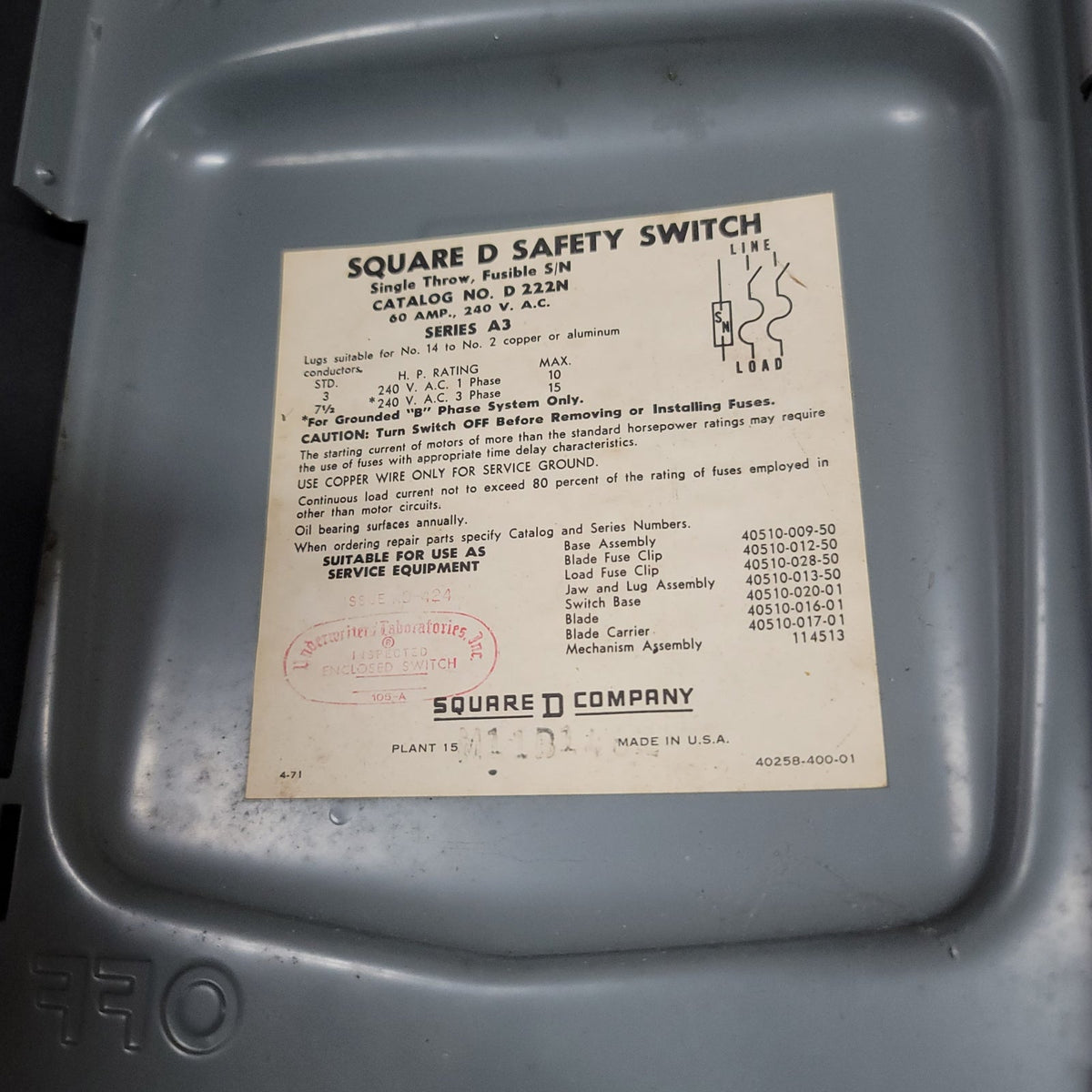 Square D D222N Safety Switch 60 AMP 240 V.A.C Phase 3 Fuse box UNUSED