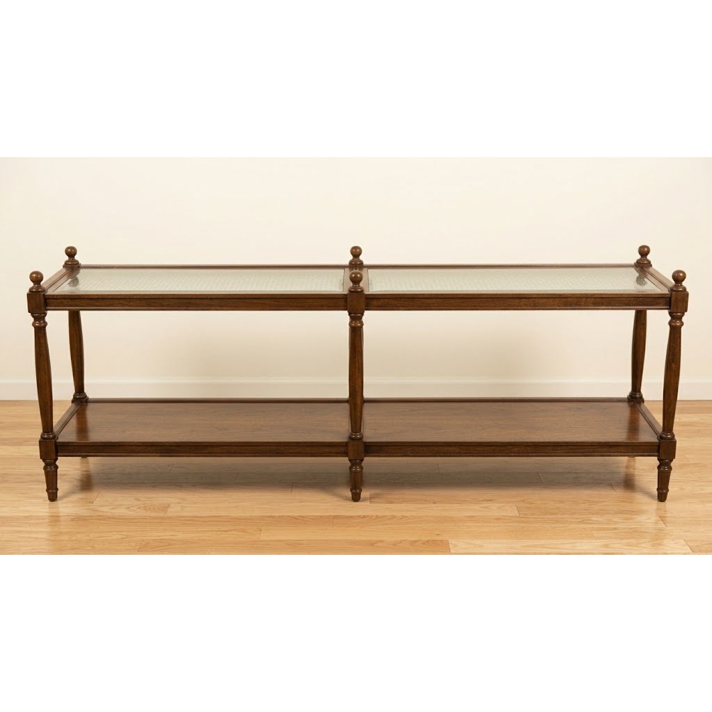 Secondhand Sandies: Long Traditional Wood & Glass Sofa Table with Turned Posts and Finials