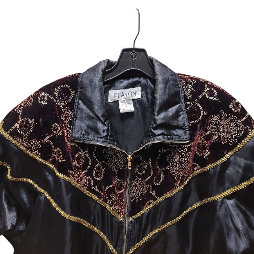 Vintage LAVON Windbreaker Jacket Women LARGE Velour Embroidered Gold cinched 90s