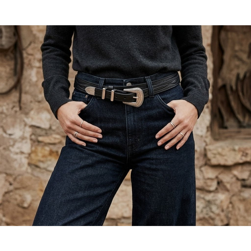 Sonoma California Leather RANGER Belt Silver Buckle Dbl Strap Length Size 38