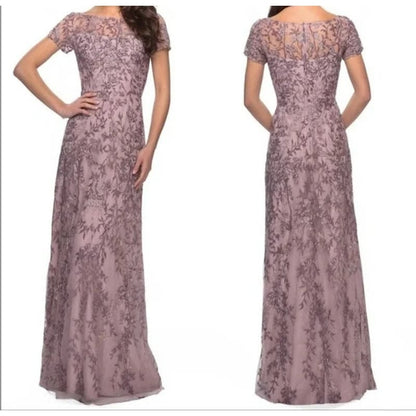 La Femme Floral Lace Overlay Column Gown Formal Dress Size 14 in Dusty Lilac NWT