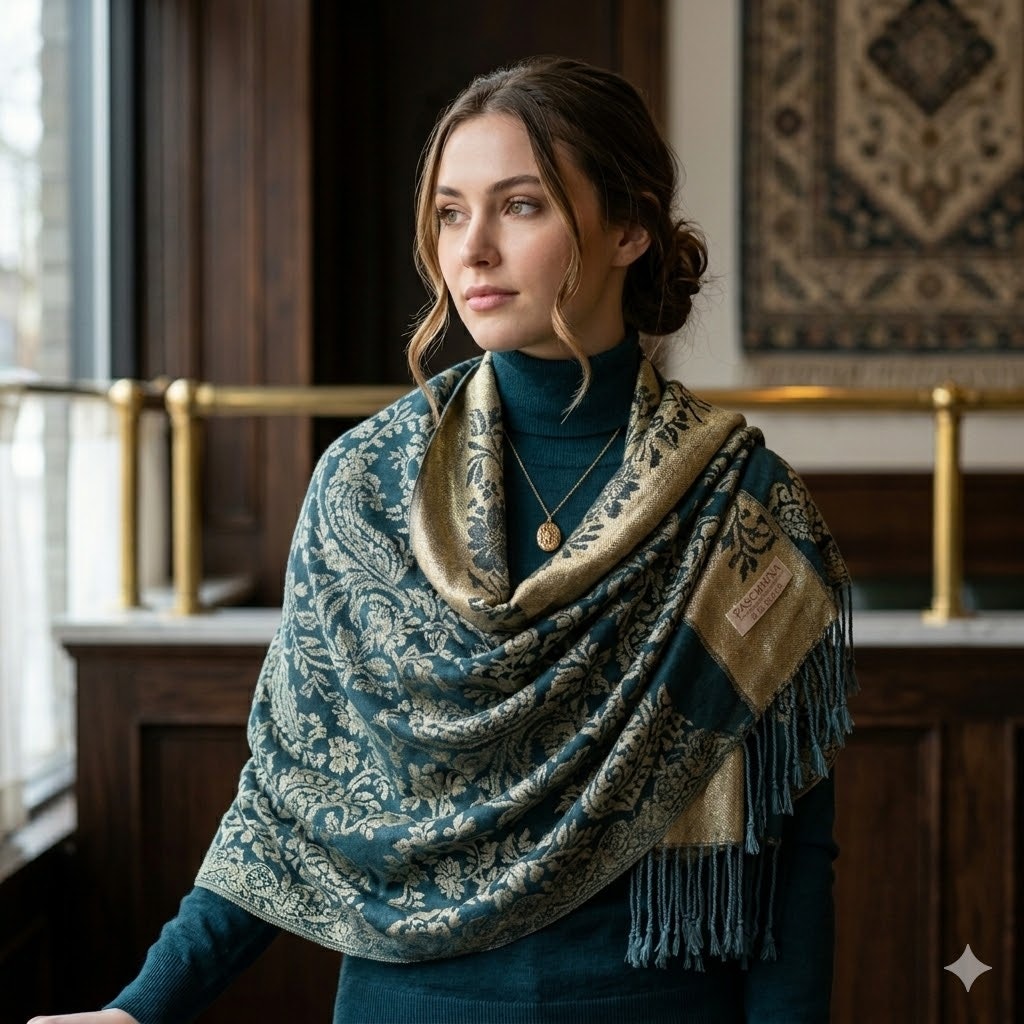 Luxury Teal Blue & Metallic Gold Floral Jacquard Pashmina Silk Blend Scarf Shawl