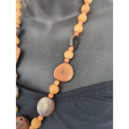 Vintage Chunky Stone & Wood Bead Statement Necklace Brown Boho Chic