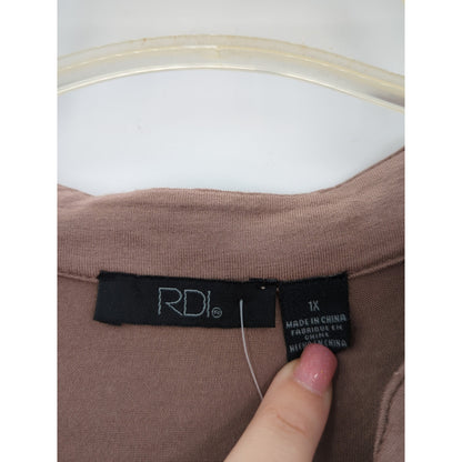 RDI Women's NWT Size 1X Mocha Brown Henley Long Sleeve Tunic Blouse