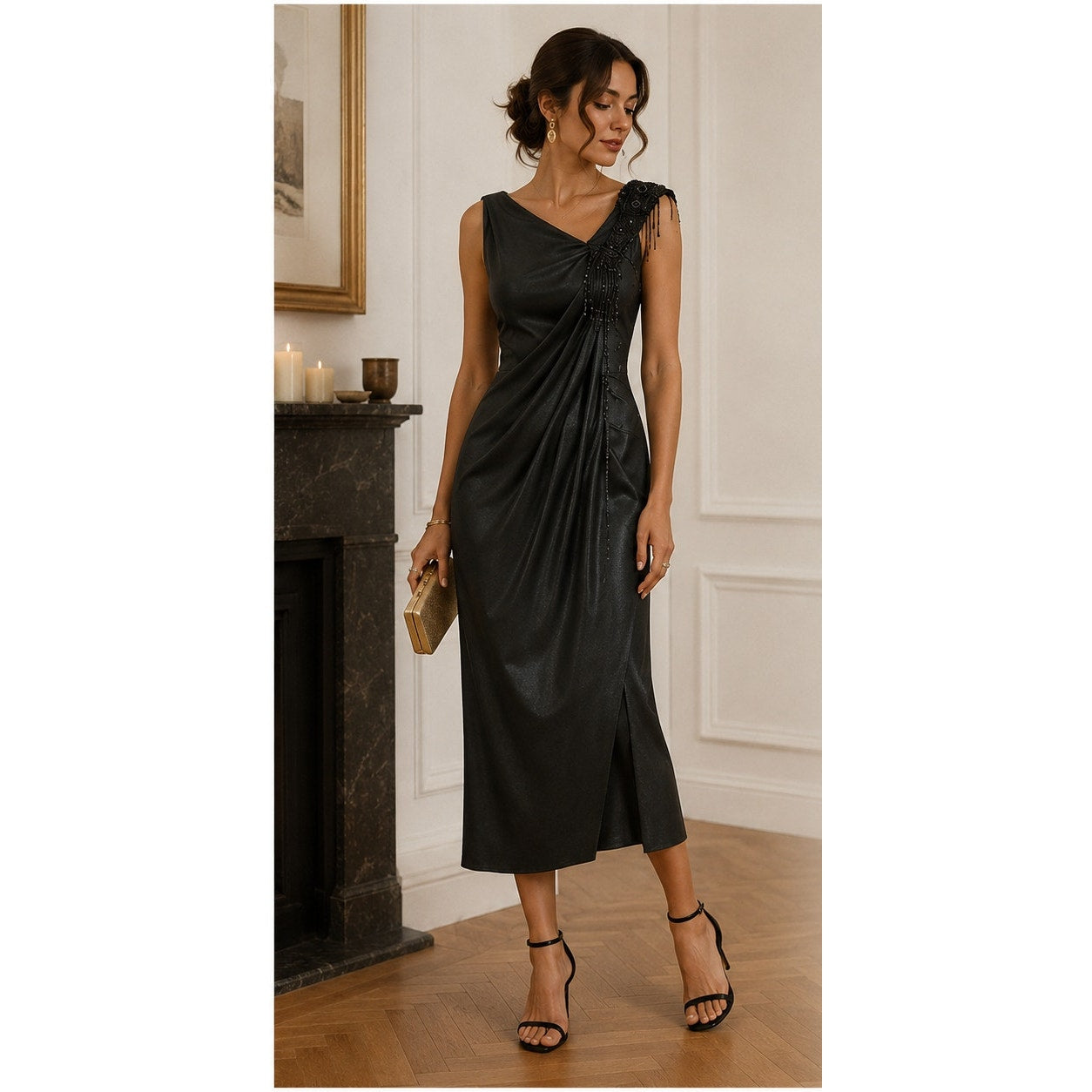 Vintage Black Asymmetrical Beaded Strap Satin Finish Midi Gown Dress Extra Small