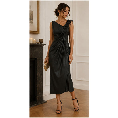 Vintage Black Asymmetrical Beaded Strap Satin Finish Midi Gown Dress Extra Small