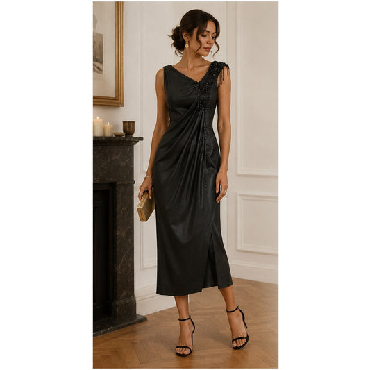 Vintage Black Asymmetrical Beaded Strap Satin Finish Midi Gown Dress Extra Small