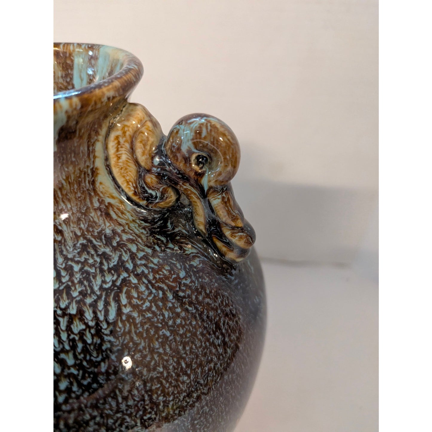 Vintage Studio Pottery Drip Glaze Urn Vase Double Handle Metallic Textured 12"
