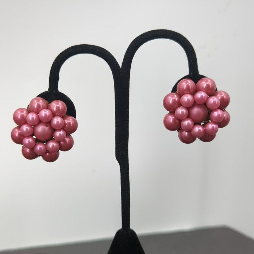 Vintage Clip On Earrings faux pearl Mauve cluster bead Japan Dusty Rose Muted