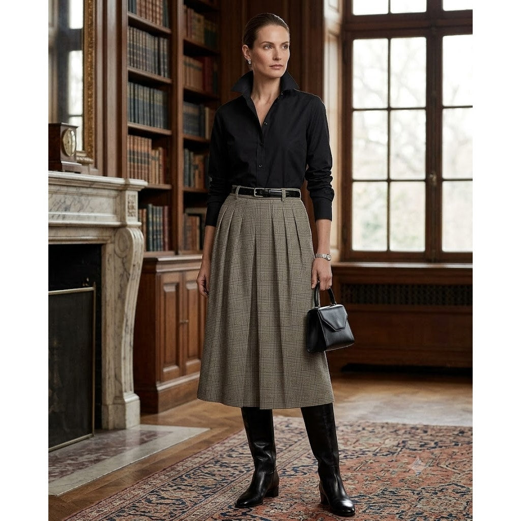 Vintage Plaid Wool Midi Skirt Small Academic Quiet Luxury 90s Vintage equestrian