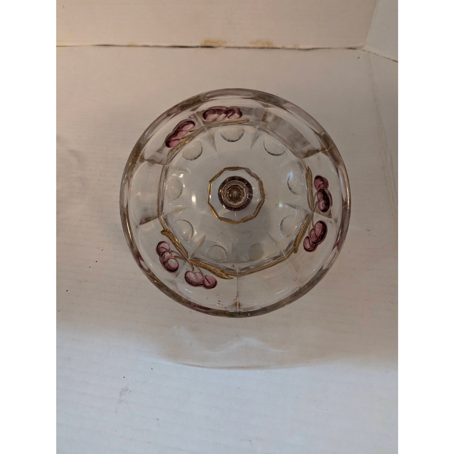 Vintage Mosser Glass Cherry & Cable Butter Dish Clear Pressed Gold Trim 5.5"
