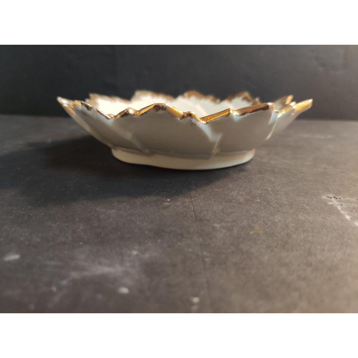 Vintage 1967 Handmade Ceramic Spiral Dish Gold Trim Ruffled Edge