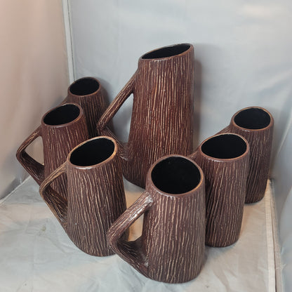 MCM textured pitcher and serving mugs cups Textured bark Brown Orange White SET