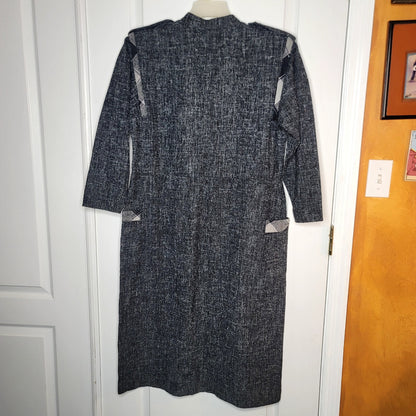 Vintage 80s nubby wool blend dress sheath dress Gray Plaid Shoulder detail Large