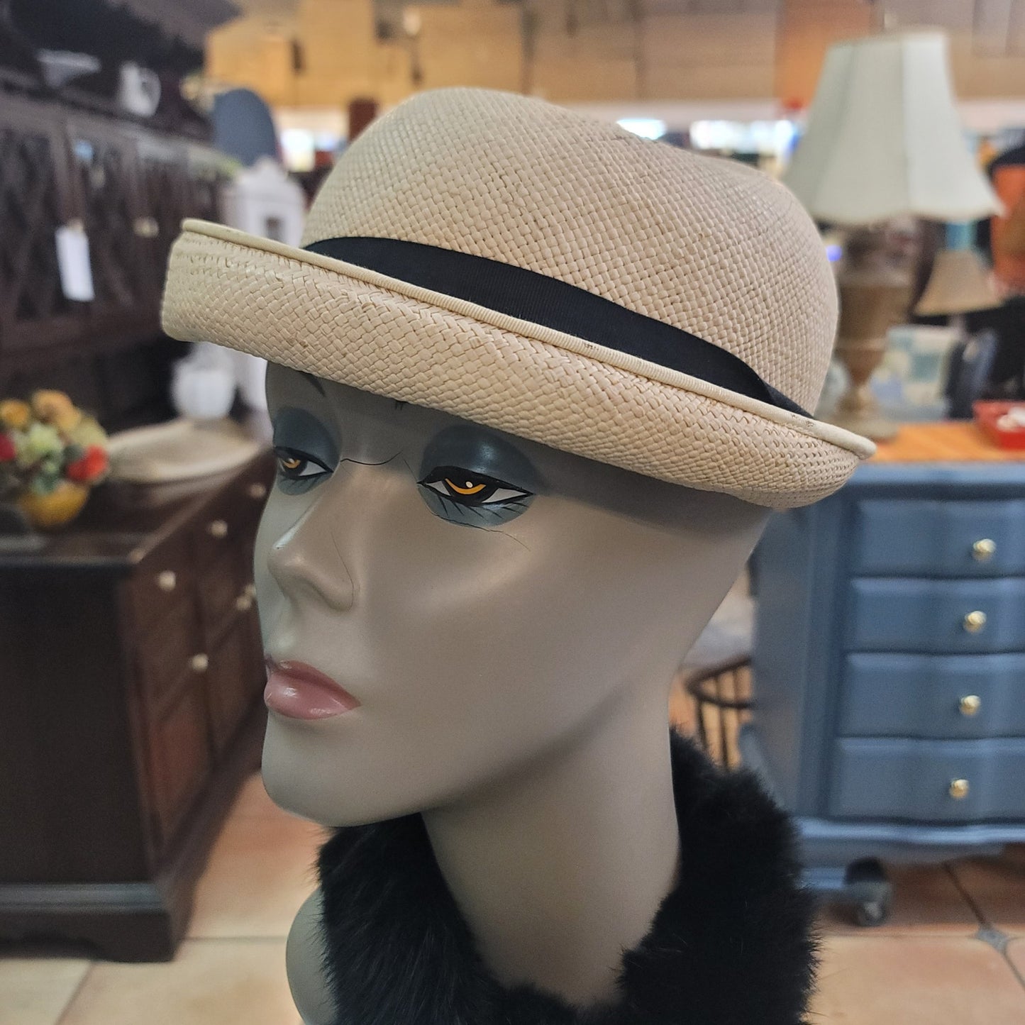 Imported Genuine Panama straw Vintage ladies HAT 40's 50's Breton roller ribbon