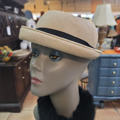 Imported Genuine Panama straw Vintage ladies HAT 40's 50's Breton roller ribbon