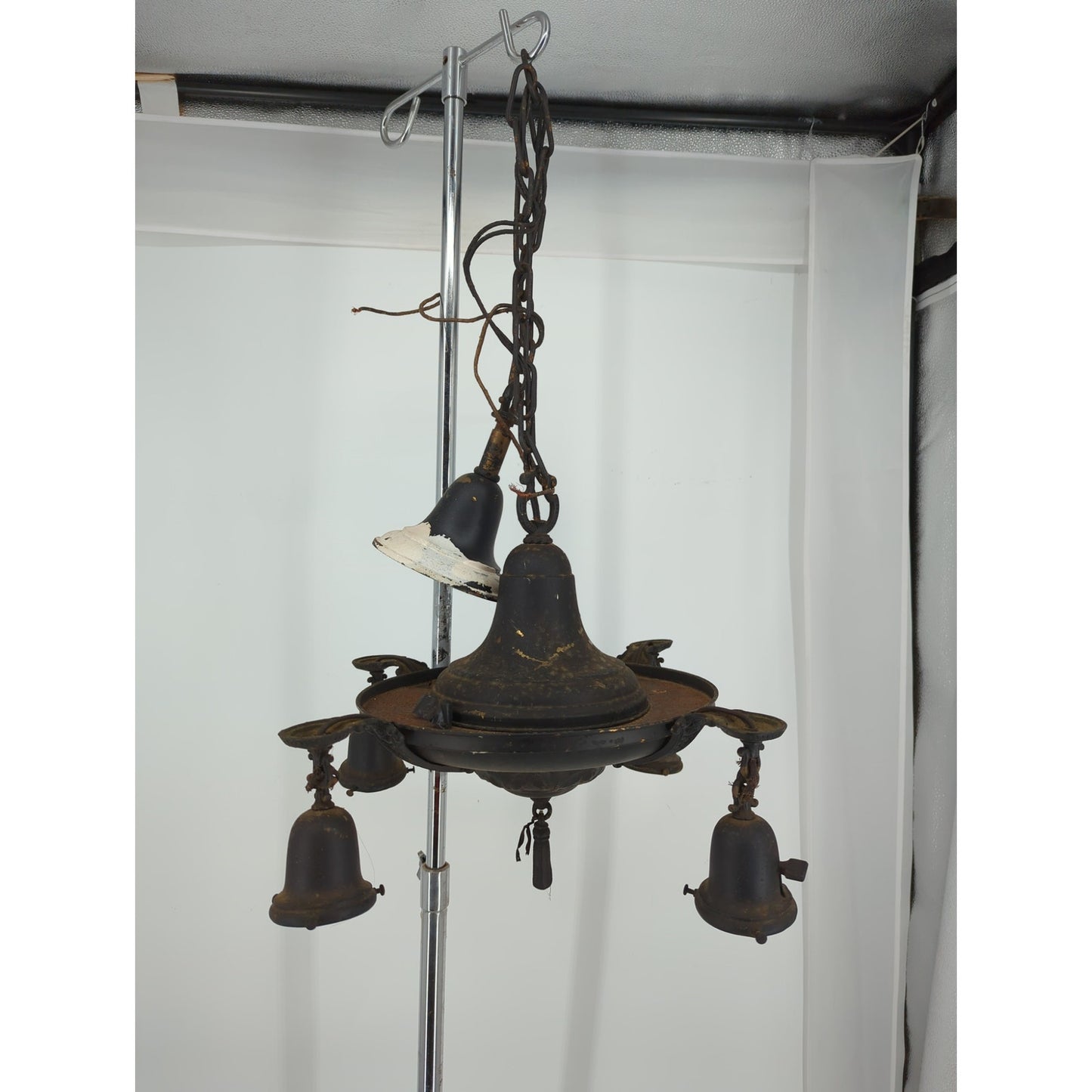 Vintage Art Deco Brass Pan Chandelier 4 Light Down Fixture Dark Patina Project
