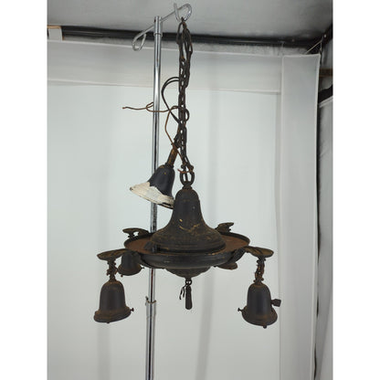 Vintage Art Deco Brass Pan Chandelier 4 Light Down Fixture Dark Patina Project