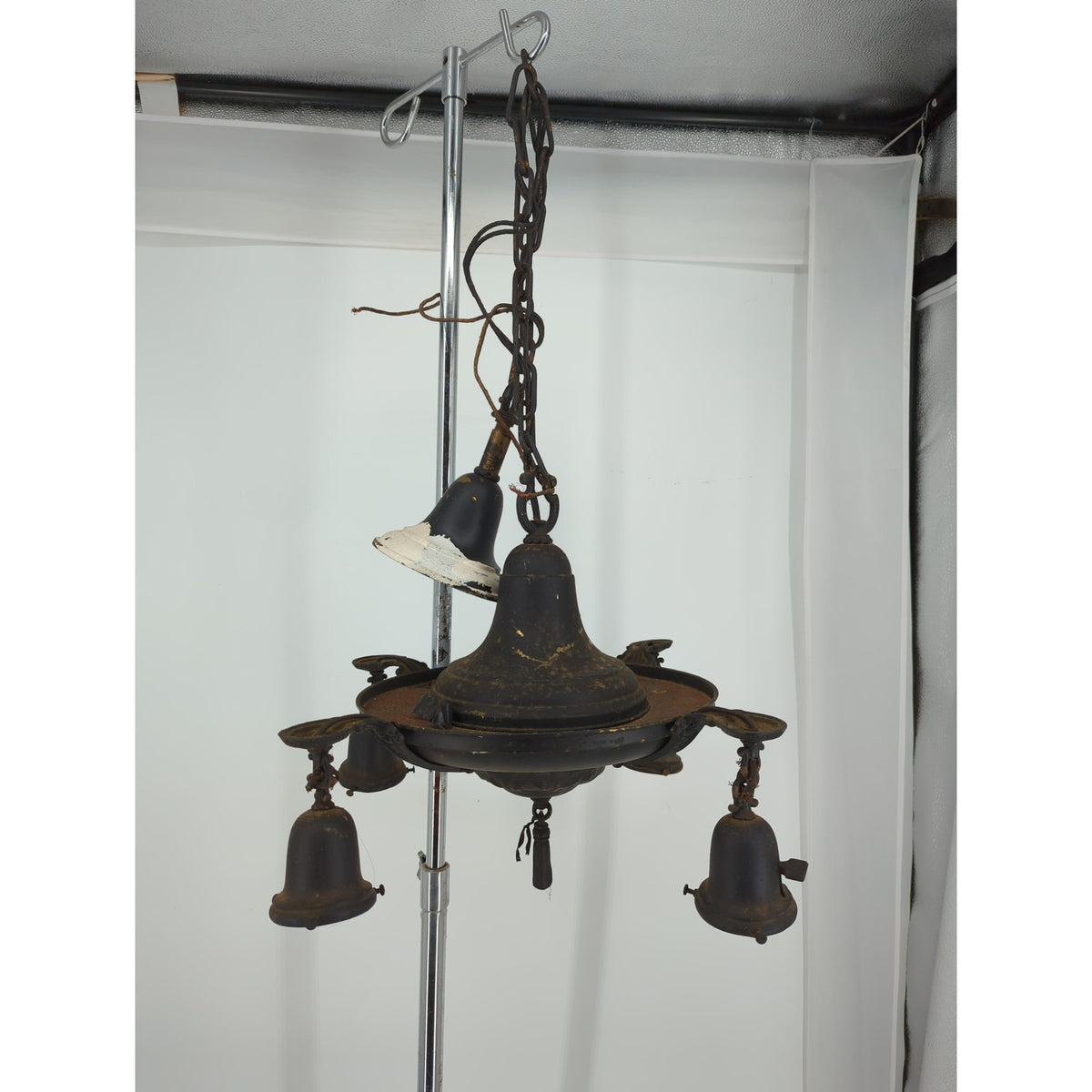 Vintage Art Deco Brass Pan Chandelier 4 Light Down Fixture Dark Patina Project