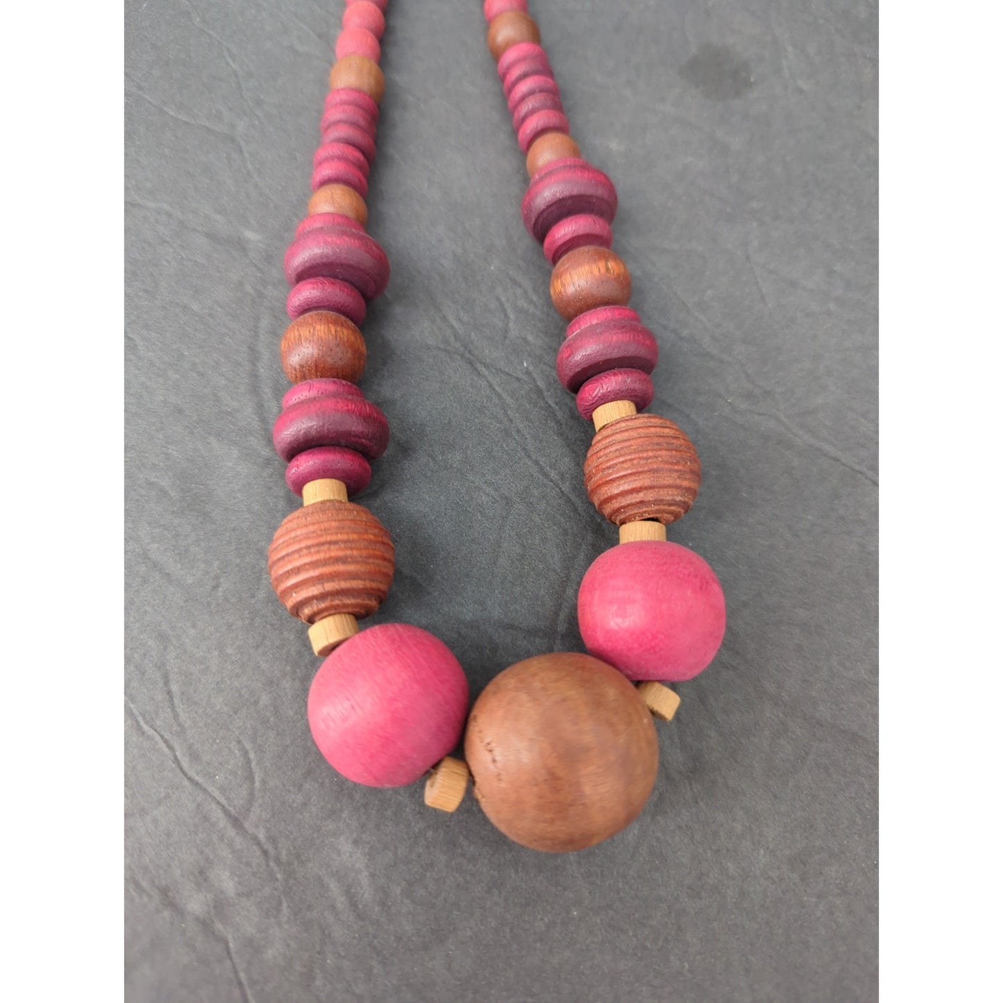 Vintage Chunky Wooden Bead Statement Necklace Pink & Brown Mid-Century Boho Chic