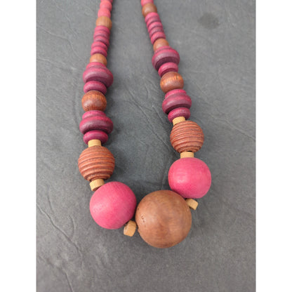 Vintage Chunky Wooden Bead Statement Necklace Pink & Brown Mid-Century Boho Chic