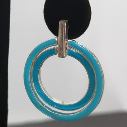 Vintage 80s-90s Silver Tone & Two-Tone Blue Enamel Double Circle Pierced Earring