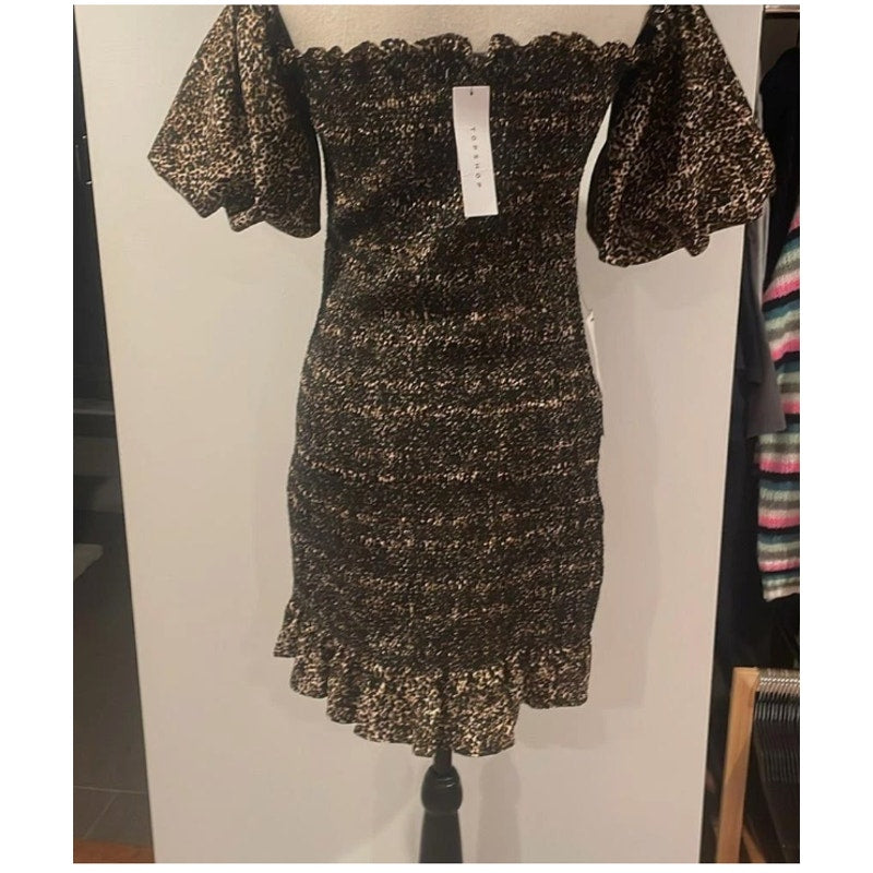 Topshop Gold & Black Smocked Off-the-Shoulder Mini Dress Size 2 NEW Summer