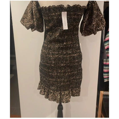 Topshop Gold & Black Smocked Off-the-Shoulder Mini Dress Size 2 NEW Summer