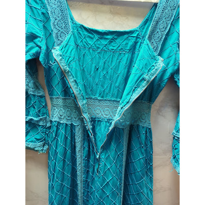 Vintage BOHO Teal Blue dress Maxi dress /Shawl Mexican Wedding Pintuck 2 pc Set