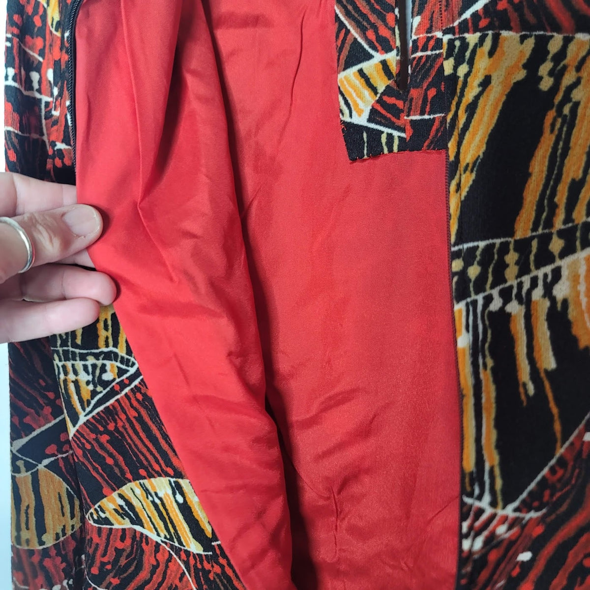 Vintage Geometric Gold Red Black 1960s Mini Dress Long Sleeve Medium button
