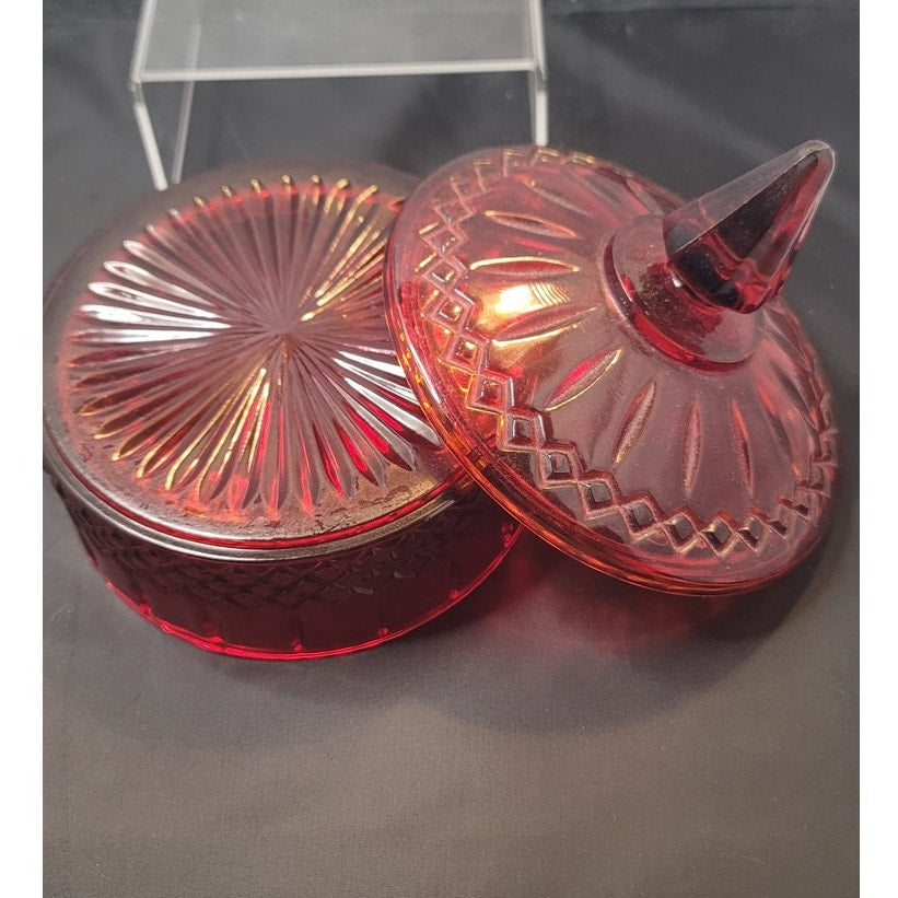 Vintage Flashed Ruby Red Glass Lidded Vanity Powder Jar Candy Dish Gothic