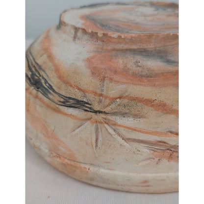 Vintage Southwestern Agateware Marbled Pottery 8" Bowl Hand-Etched Folk Art