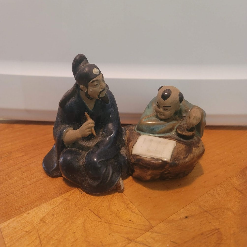 Vintage Shiwan Mudmen Chinese Figurine Teacher & Student 4" Statue Calligraphy