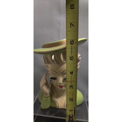 Vintage Green Hat Hand to Head Headache Lady Head Vase Planter Kitsch MidCentury