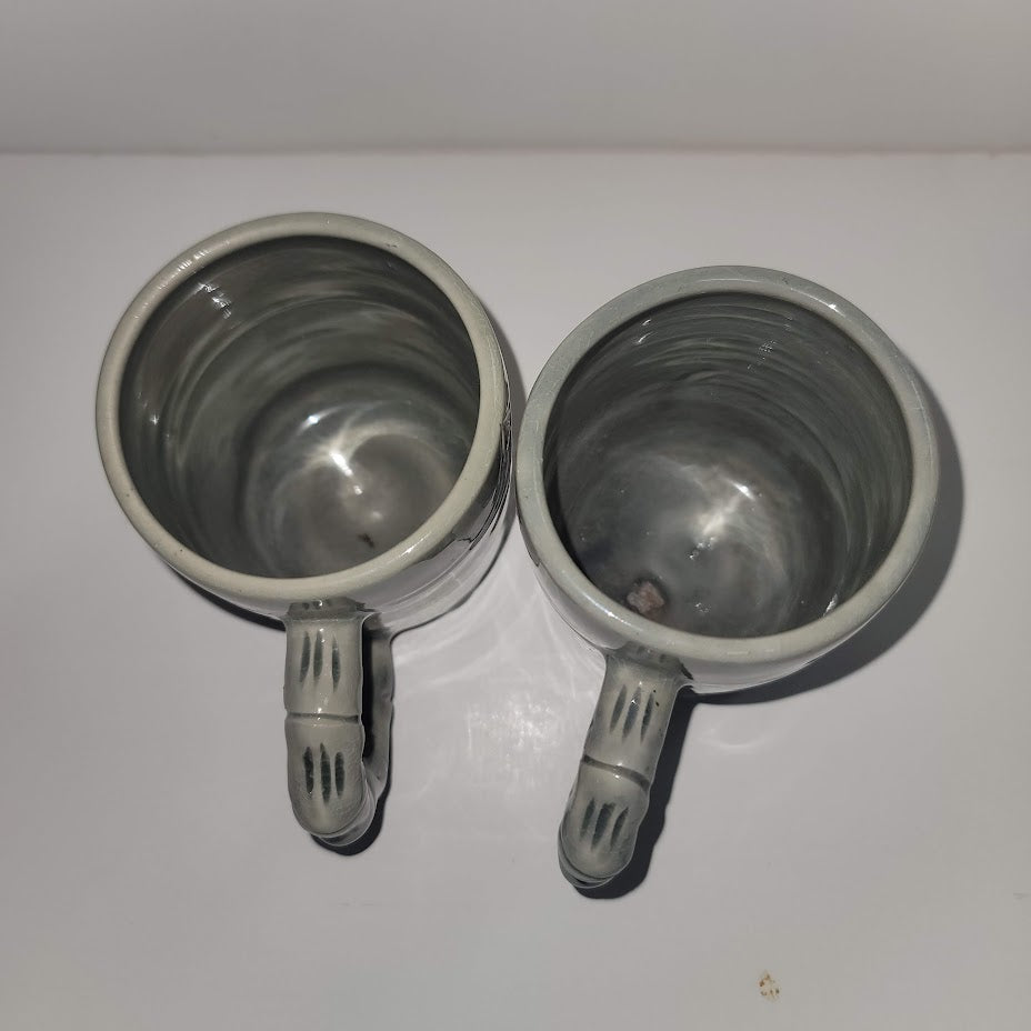 Handmade tall gray Pair of art pottery cups mugs Signed stamped coffee tea