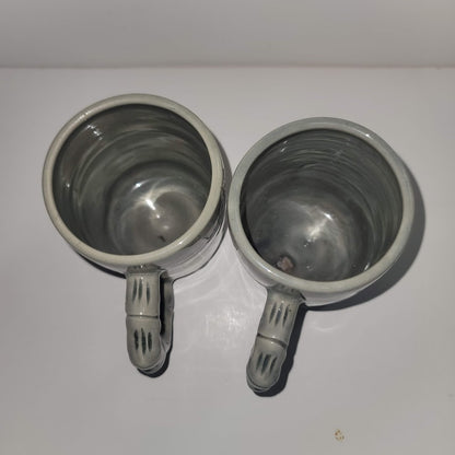 Handmade tall gray Pair of art pottery cups mugs Signed stamped coffee tea