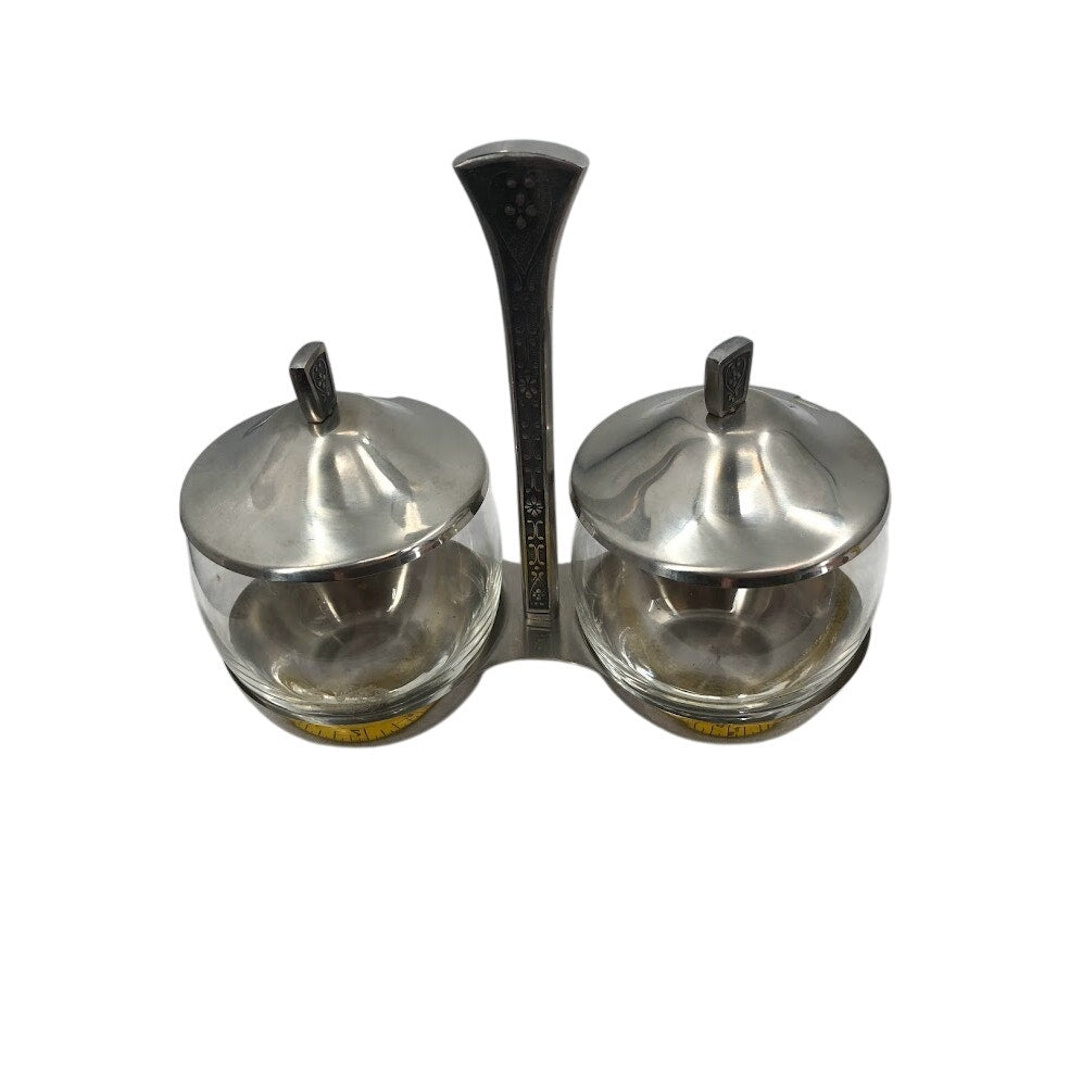 Mid Century Condiment Server Cordova Set MCM stainless steel glass mustard jelly