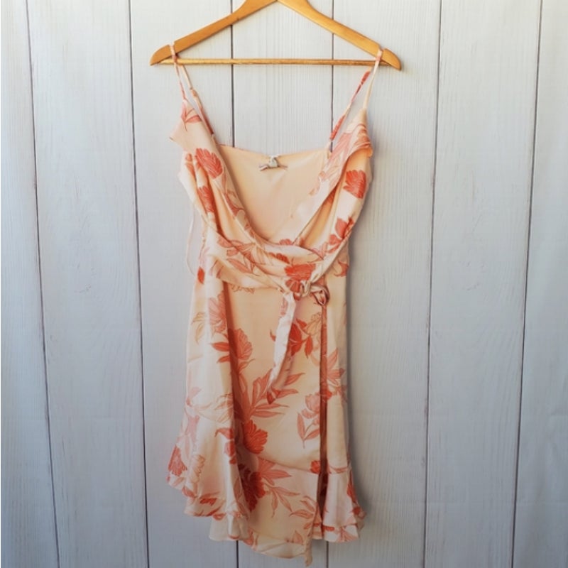 GUESS Margo Floral-Print Wrap Dress floral tie front satin silky orange mini XS