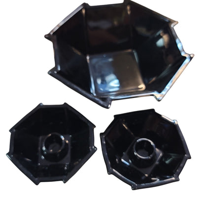 3 pc. Fostoria Black Glass Bowl & Pair Matching Candle holder Geometric Sakier