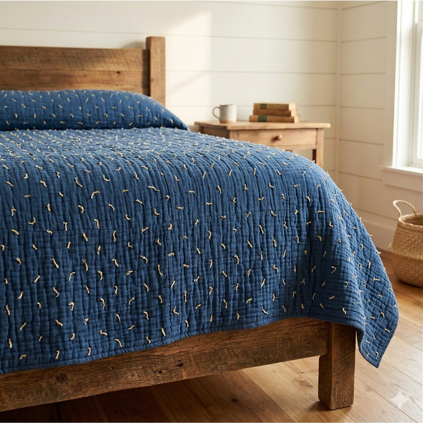 Handmade heavy quilt two tone Blue handtied string 76" x 68" Full size Patchwork