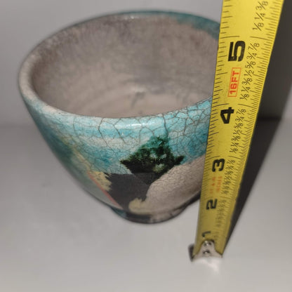 Handmade mini vase MCM cup 4" crazed underglaze Raku Studio Art Pottery Bowl