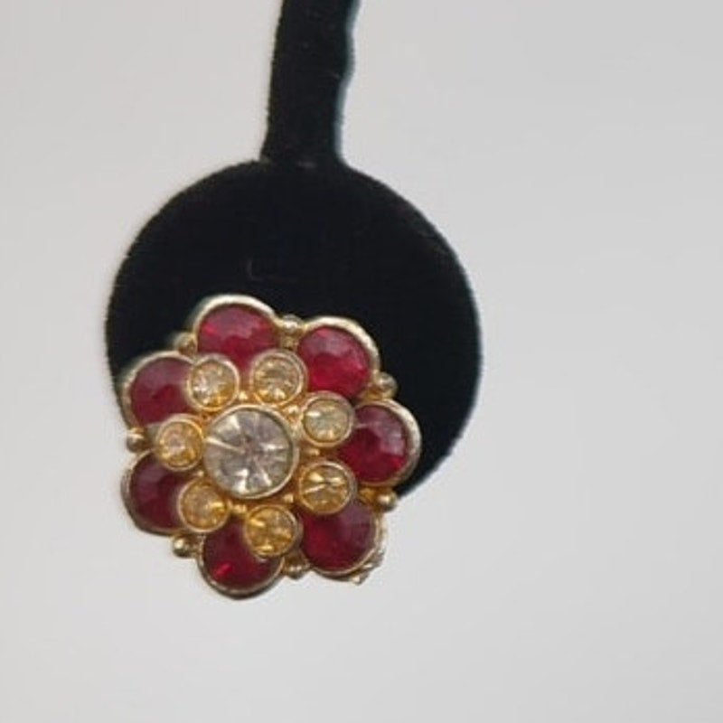 Vintage Ruby & Clear Rhinestone Floral Screw Back Earrings
