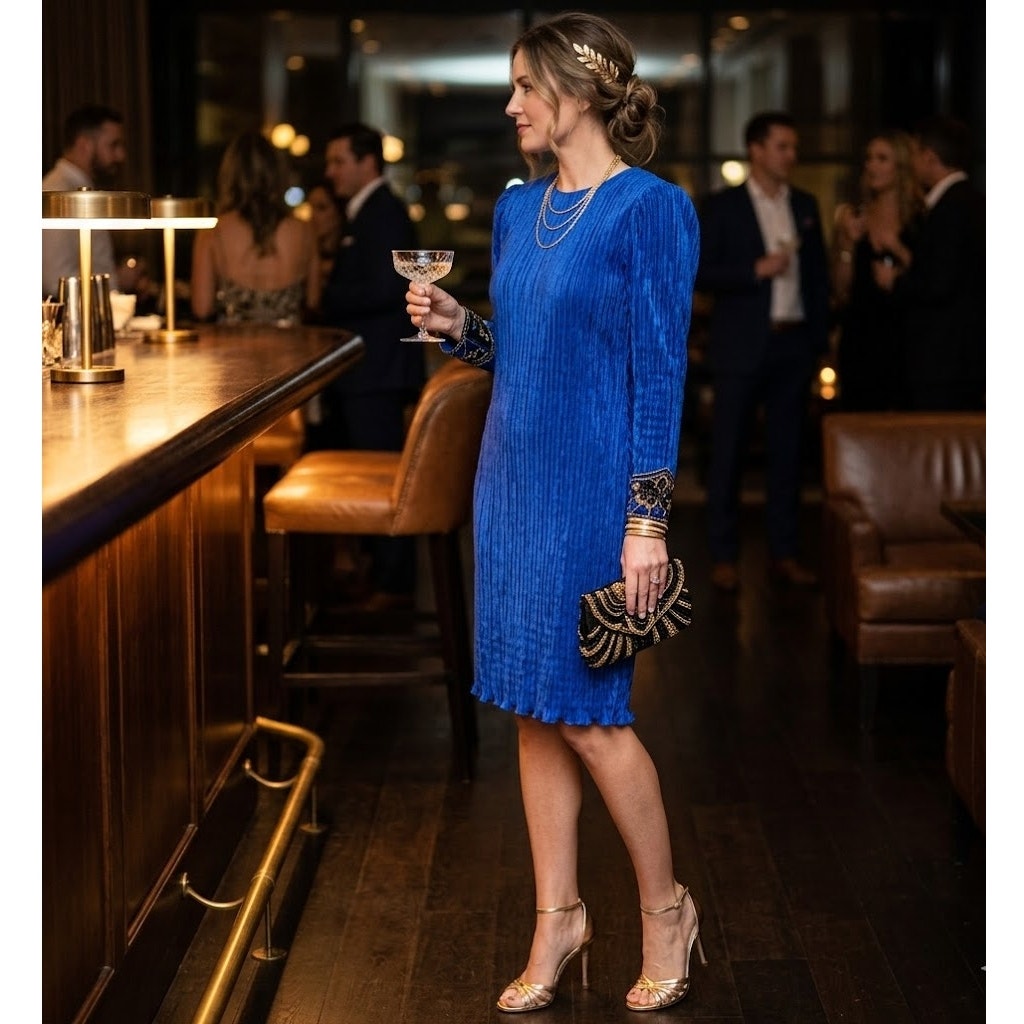 Vintage Nuit Micro Pleat Cocktail Arm cuff Sequin Dress Size 8 Blue Long Sleeve